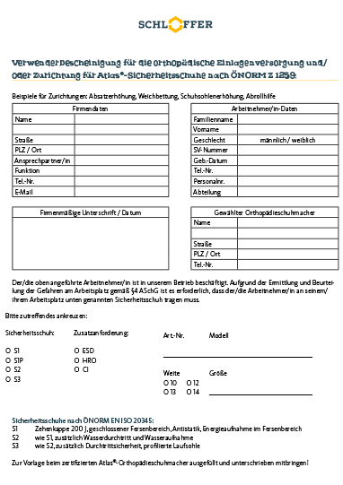 Verwenderbescheinigung für orthopädische Einlagen und Zurichtung